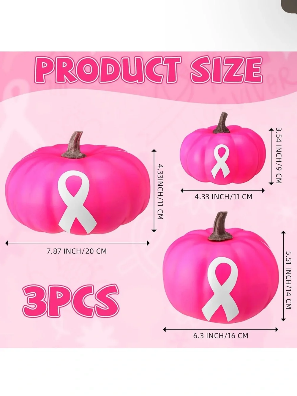 Pink Decorative Pumpkins - 3 Pack Breast Cancer Awareness Decor